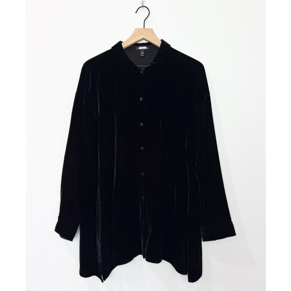 Eileen Fisher Velvet Classic Collar Shirt Easy Fit Long Length Black XL